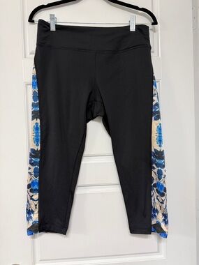 Women’s Black Leggings with Blue Floral Side Panels